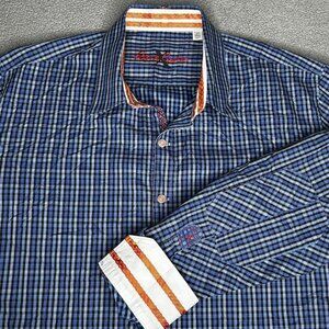 Robert Graham Shirt Mens 3XL Blue Check Orange Flip Cuff Elbow Patches Cotton
